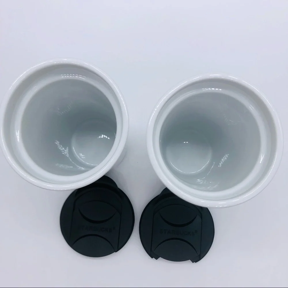 Starbucks set of 2 ceramic 10 ounce travel tumbler with black sliding lids
